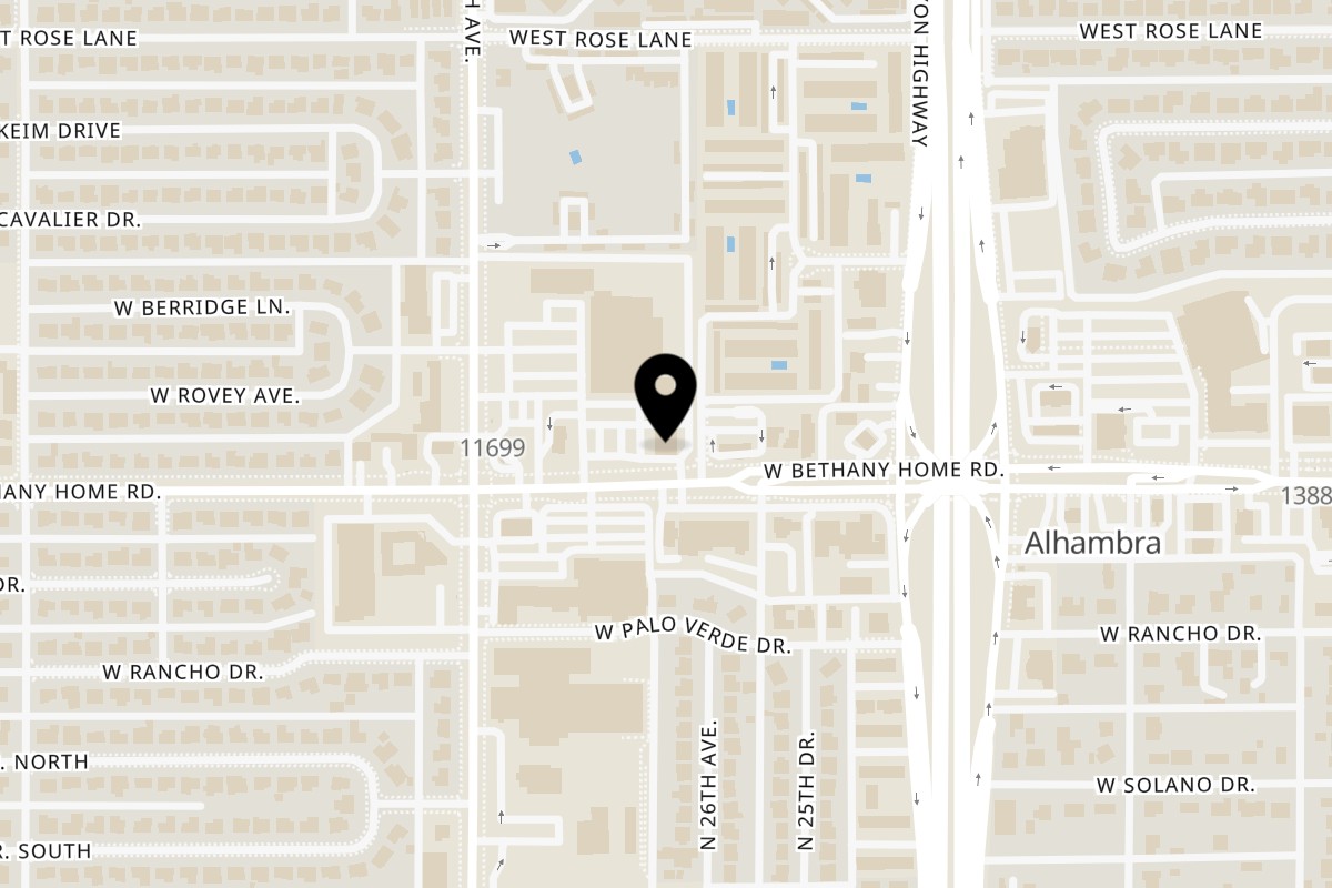 Map showing the location of Mariscos y Sushi El Kora Mariscos y Sushi El Kora on 2624 W Bethany Home Rd in Phoenix